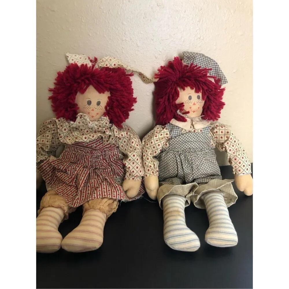 Vintage Darla’s Dolls Rag Doll Pair Handmade Red Yarn Hair 19in